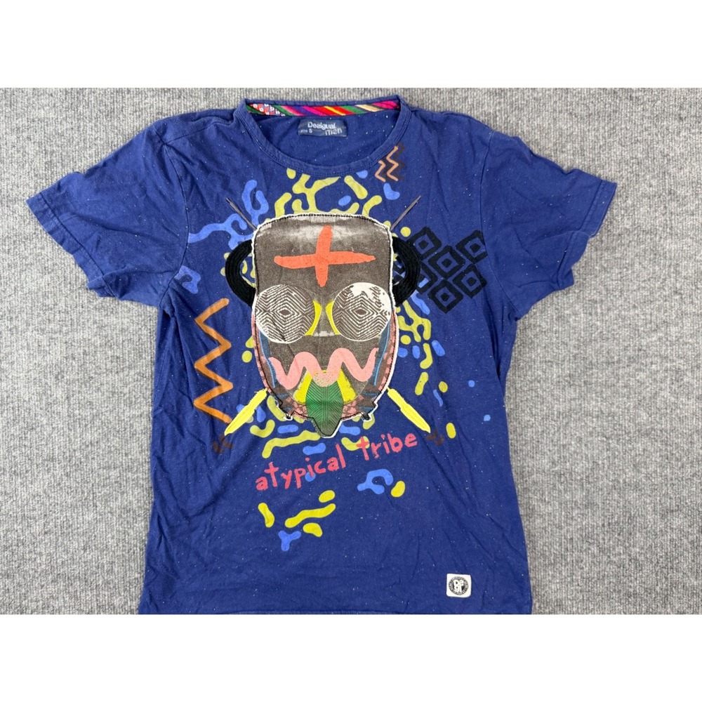 Desigual Man T Shirt Small Blue Atypical Tribe Graphic Vintage Y2K Short Sleeve